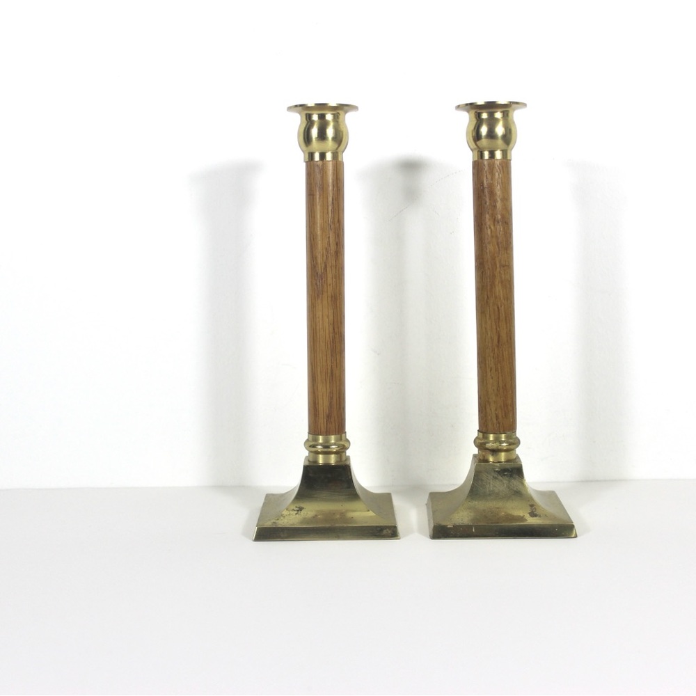 Mid Century Set of Two Vintage Brass and Oak Wood Candle Holders, Candle Sticks